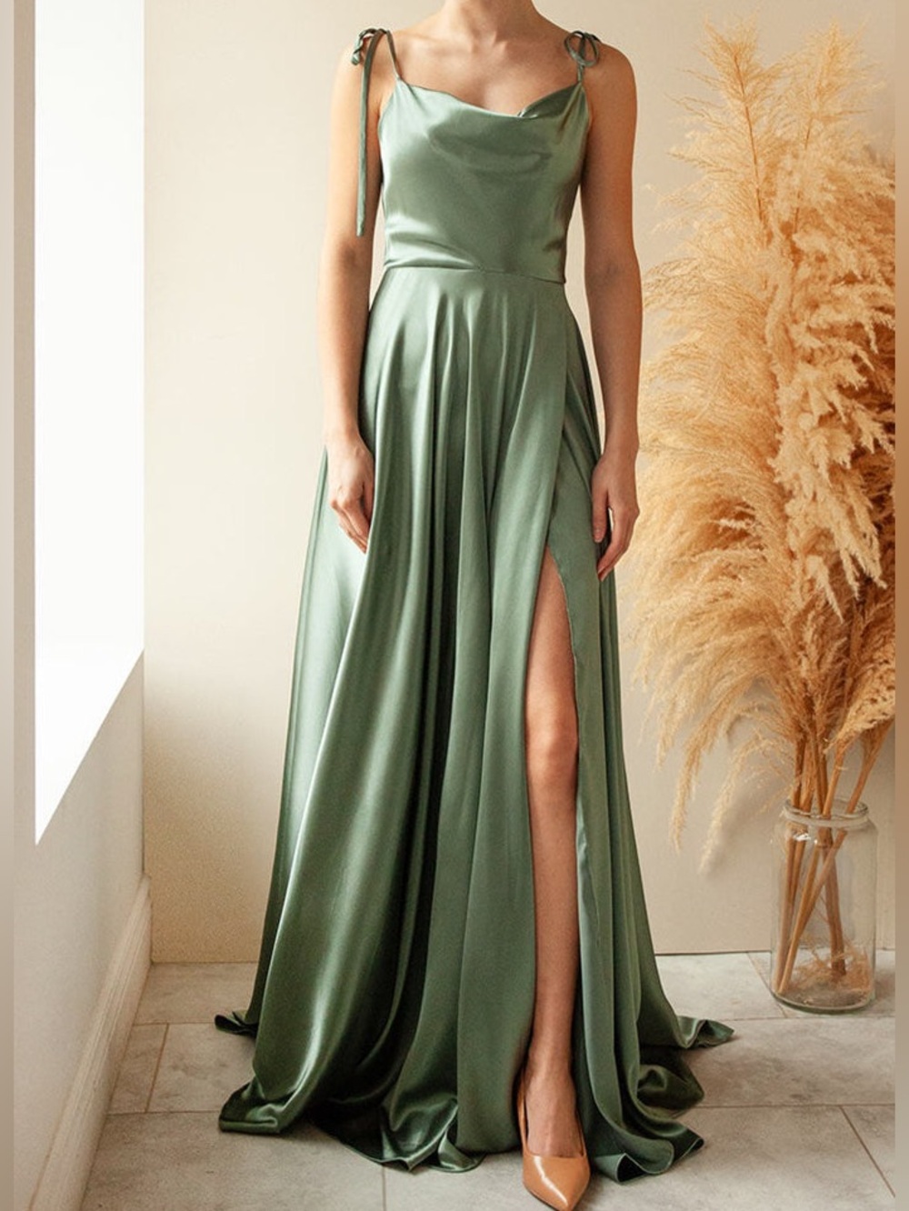 Moira Khaki | Cowl Neck Satin Maxi Dress with High Slit